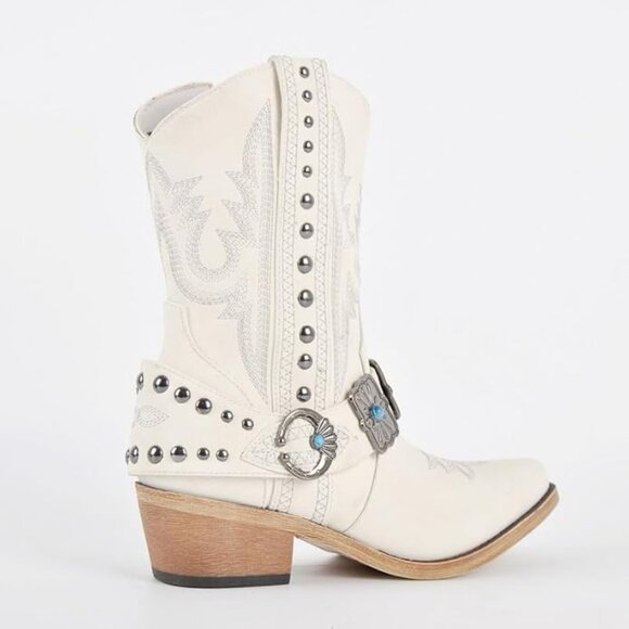 Women's Beige Ankle High Embroidery Pointed Toe Cowgirl Boots Rodeo Country - Picture 4 of 4